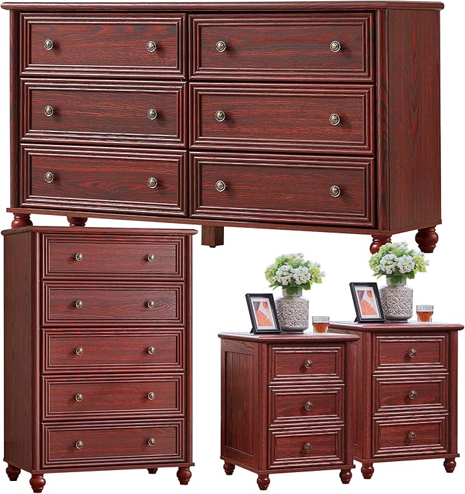Farmhouse Dressers & Night Stand Set of 4, Wood 54" Wide 6 Drawer Dresser & 45" Tall Chest of Drawers, 18" Roman Column Nightstand Set of 2, Bedroom Furniture Dresser Sets for Home Living Room Hallway