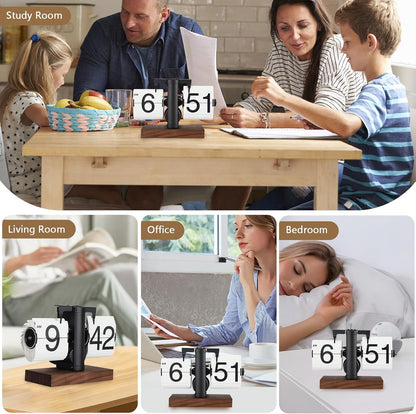 Flip Desk Clock, Retro Vintage Flip Desk Table Clock, Digital Sided Large Numbers Mechanical Flip Clock Wood Base for Living Room, Study Room and Office（Black）