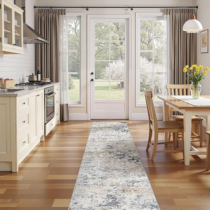 Washable Runner Rug for Hallway: 2.6x12 Neutral Modern Abstract Low Pile Area Rug with Non-Slip Backing - Carpet for Bedroom Kitchen Laundry Entryway Bathroom Indoor - Beige Blue