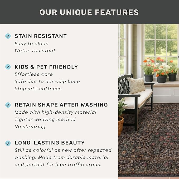 Dark Brown 10x14 Area Rugs for Living Room - Extra Large Vintage Western Unique Neutral Floral, Washable Low Pile Non-Slip Soft Thin Area Rug for Dining Under Table, Bedroom Under Bed