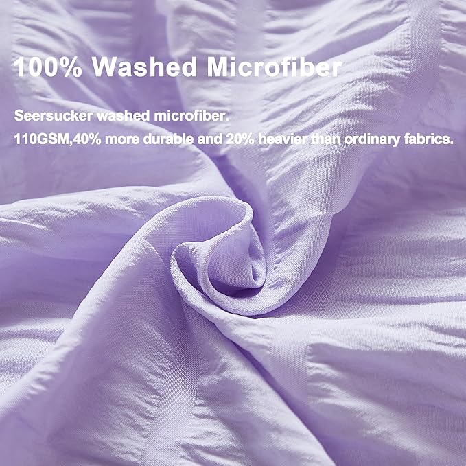 AveLom Lavender Purple Seersucker Duvet Cover Set Queen (90 x 90 inches), 3 Pieces (1 Duvet Cover + 2 Pillow Cases), Ultra Soft Washed Microfiber, Textured Duvet Cover with Zipper Closure, Corner Ties