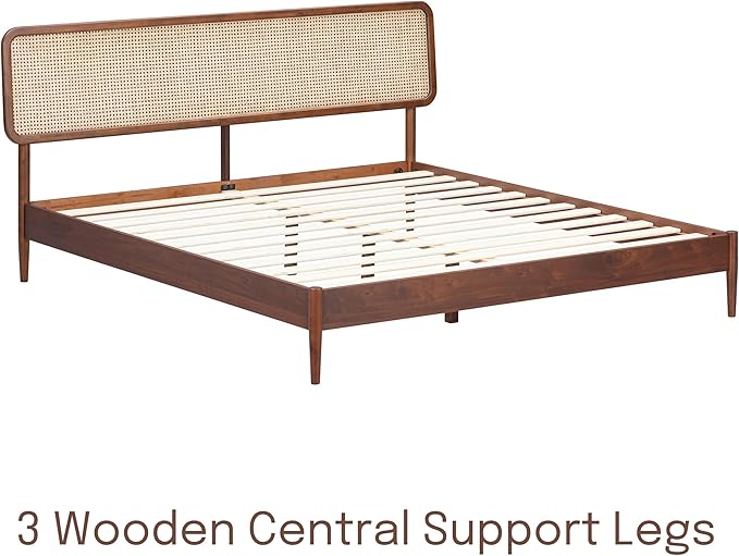NTC Lupin Wooden Bed Frame with Headboard and Natural Rattan, Solid Oak/Rubber Wood Foundation with Silent Slats, 1000 Lb Capacity, Effortless Assembly (Natural Cane - Dark Walnut, King)