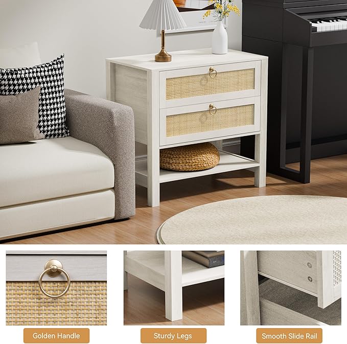 White Night Stand Set of 2 with 2 Drawers and Storage Shelf, 26” Tall Boho Nightstand, Wood Large Bedside Table for Bedroom, Side Table, White