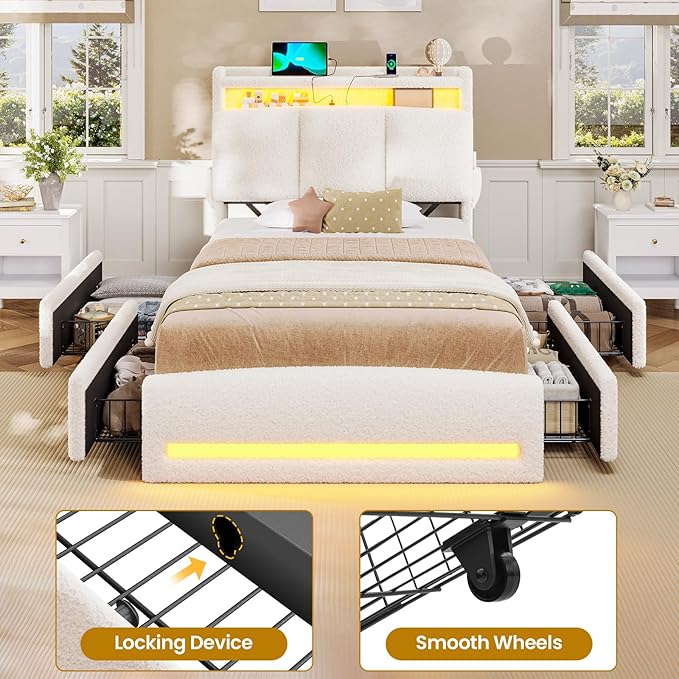 VIAGDO Twin Bed Frames with Storage Headboard and Charging Station, Boucle Upholstered Bed Frame Twin Size with 4 Drawers and LED Lights, Type C and USB, No Box Spring Needed, Cream White