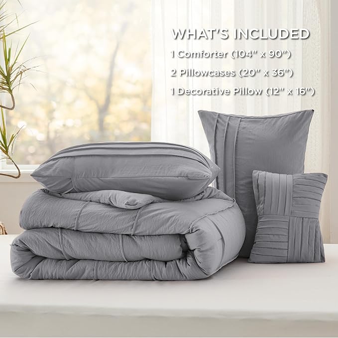Bedsure King Comforter Set - 4 Pieces Pinch Pleat Bed Set, Grey Boho Bedding for All Season, 1 Soft Comforter, 2 Pillowcases, 1 Decorative Pillow