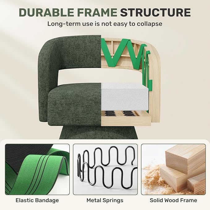 Swivel Accent Chair Set of 4, Modern Comfy Chenille Barrel Chairs, Oversized Upholstered Round Arm Chair for Living Room, Bedroom, Reading Room, Green