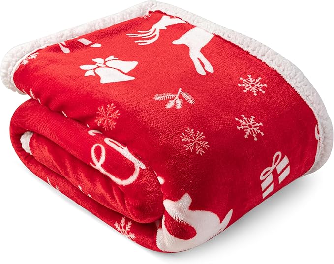 PAVILIA Red Reindeer Christmas Sherpa Throw Blanket, Ultra Soft Reversible Fleece Sherpa 60x80 Winter Blanket for Couch & Bed, Cozy Christmas Home Decor Holiday