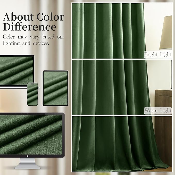 Olive Green Velvet Curtains 102 Inches Long for Bedroom, Super Soft Room Darkening Thermal Insulated Curtains Luxury Window Drapes for Living Room Nursery, Back Tab Rod Pocket, W52 x L102, 2 Panels