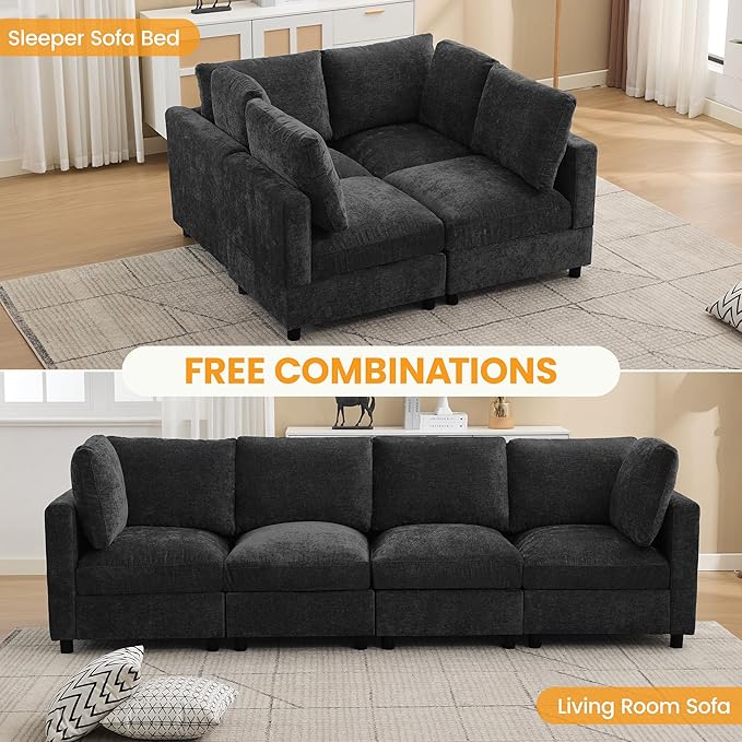 116'' 4-Seater Modular Sectional Cloud Sofa, Straight-Line Couches for Living Room, Modern Upholstered Deep Seat Sofa, Chenille Dark Grey