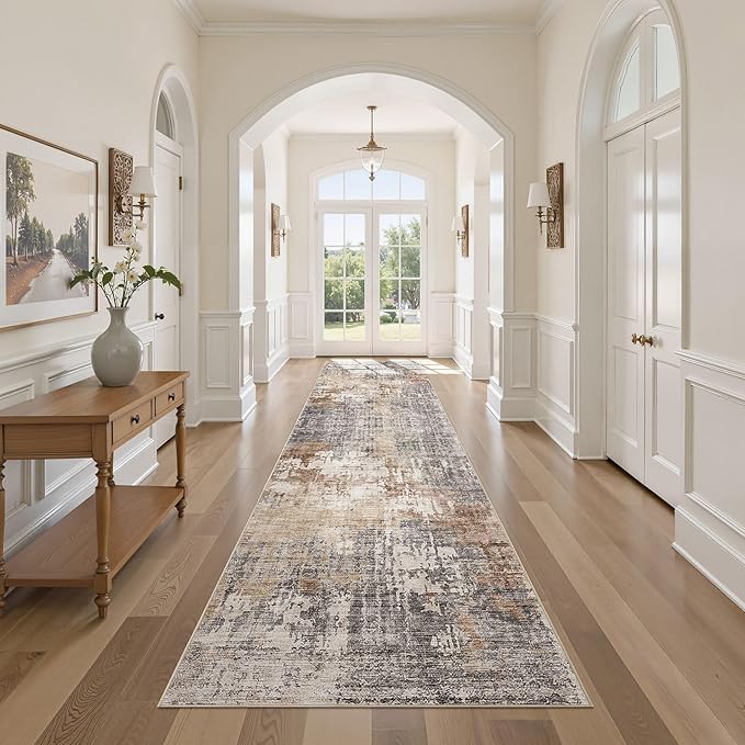Washable Runner Rug for Hallway: 3x12 Neutral Modern Abstract Low Pile Area Rug with Non-Slip Backing - Carpet for Bedroom Kitchen Laundry Entryway Bathroom Indoor - Grey Brown