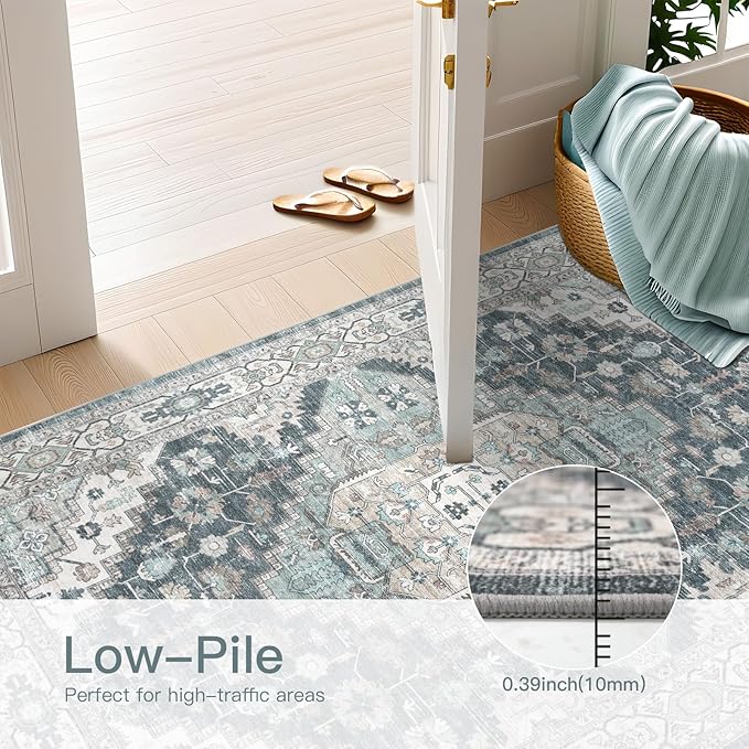 4x6 Vintage Washable Area Rug for Living Room,Low Pile Non Slip Carpet Non-Shedding Small Area Rug Soft Indoor Stain Resistant Rug Boho Print Mat for Bedroom Dining Room Blue Beige Multi