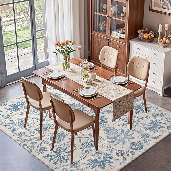 jinchan Torino Floral 5x7 Area Rugs, Vintage-Inspired Design Accent Rug, Machine Washable Ultra-Thin Low-Pile Non-Slip Traditional Carpet for Living Room Bedroom Dining Room Home Office, Turquoise