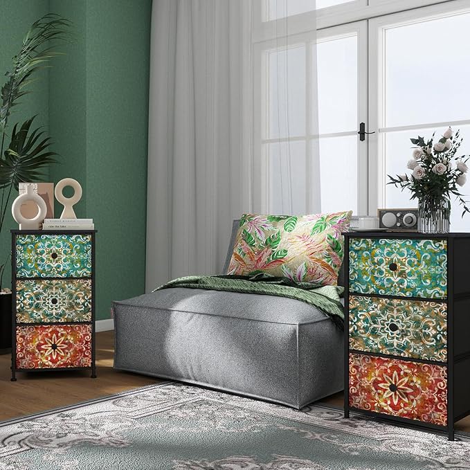 GiftGo Retro Dresser with Fabric Drawers Boho Mandala Flower Chest of Drawers Narrow Storage Tower for Small Spaces Gaps Bedroom Beautiful Nightstand Living Room Table (Mandala, 3 Drawers)