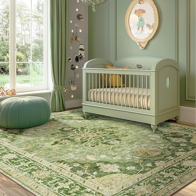 Area Rugs 5'x8' Washable Non-Slip, Floral Vintage Distress Print Pattern Medallion Carpet for Living Room Bedroom Dining Room, Sage Green Yellow