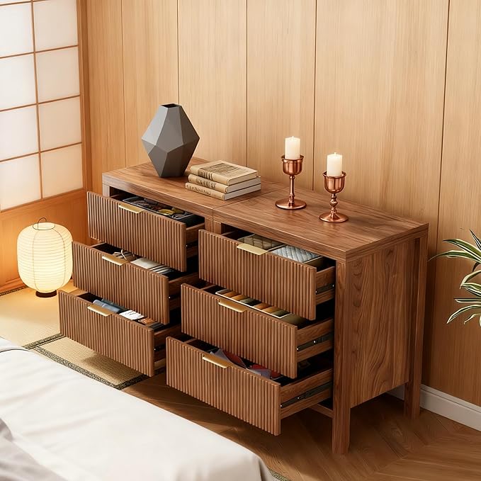 Fluted Nightstands Set of 2, Wooden Farmhouse Night Stands with 6 Drawer Bedside Table - Boho Tall End Table Accent Table for Bedroom, Living Room, Walnut