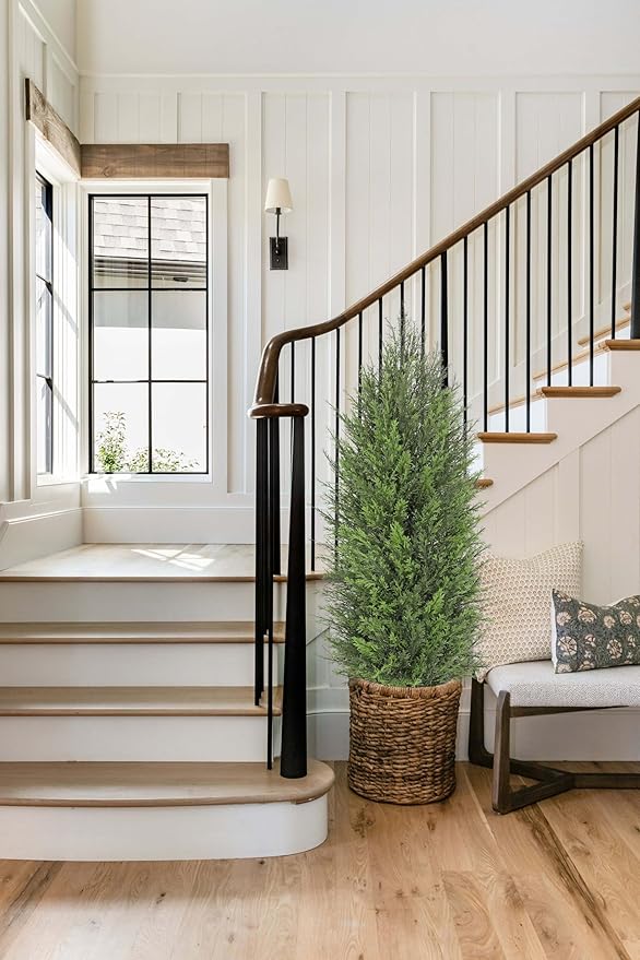 Briful 2PCS 4ft Artificial Cedar Topiary Trees in White Planter – Medium Faux Evergreen Potted Plants, Indoor Outdoor Fake Shrubs, Lifelike Fake Cypress Trees for Home, Office, Patio, Porch