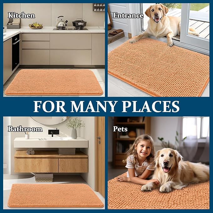 OLANLY Dog Door Mat for Muddy Paws 47x20, Absorbs Moisture and Dirt, Absorbent Non-Slip Washable Doormat, Quick Dry Chenille Mud Mat for Dogs, Entry Indoor Entryway Carpet for Inside Floor, Orange