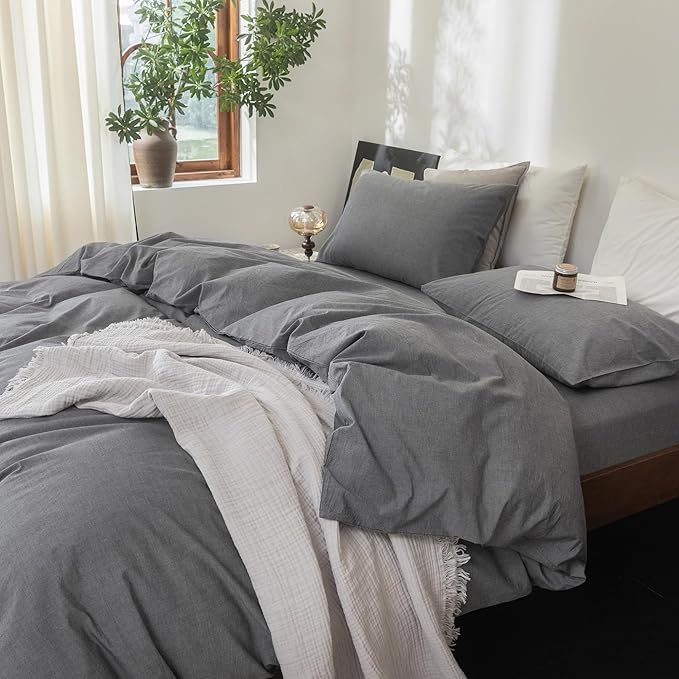 FOSSA Duvet Cover Set 100% Washed Cotton Linen Feel Super Soft Breathable Cozy 3 Pieces Bedding Sets Solid Dark Grey Oversized King Plus