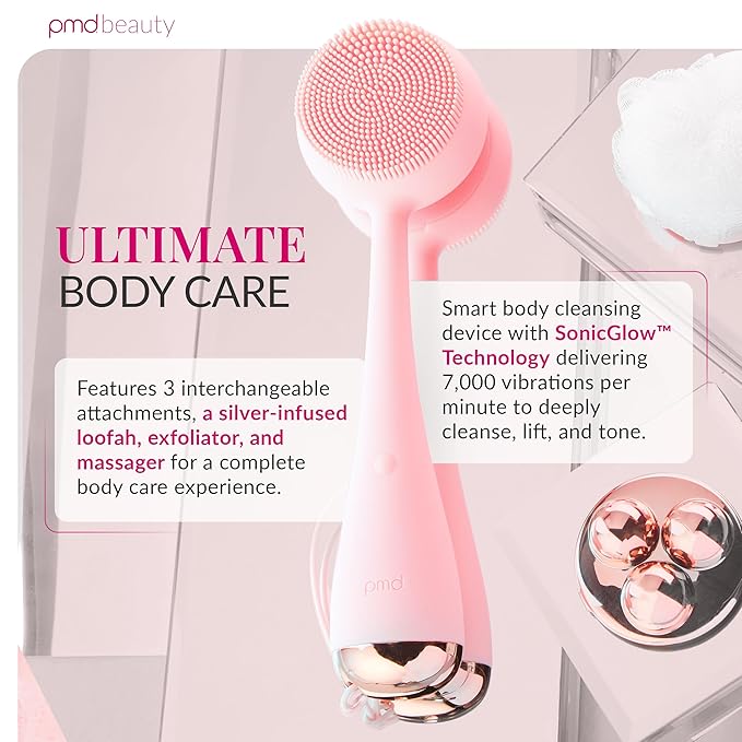 PMD Clean Body - Smart Body Cleansing Device with Silicone Brush & Three Interchangeable Attachments - Waterproof - SonicGlow Vibration - Cleanse, Exfoliate, & Massage Body