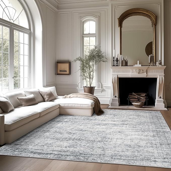 7x9 Area Rug for Living Room Washable Abstract Vintage Soft Thin Indoor Floor Non-Slip Carpet for Bedroom Dining Room Grey