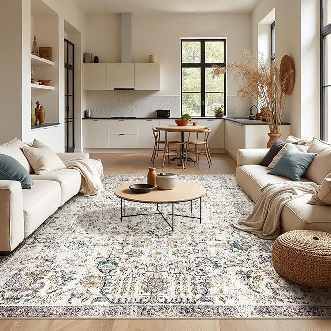 jinchan Kalen Area Rug 9x12 Washable Living Room Rug Vintage Indoor Large Floor Cover Retro Accent Mat Distressed Floral Country Boho Non Slip Thin Carpet for Bedroom Dining Room Office Blue Multi