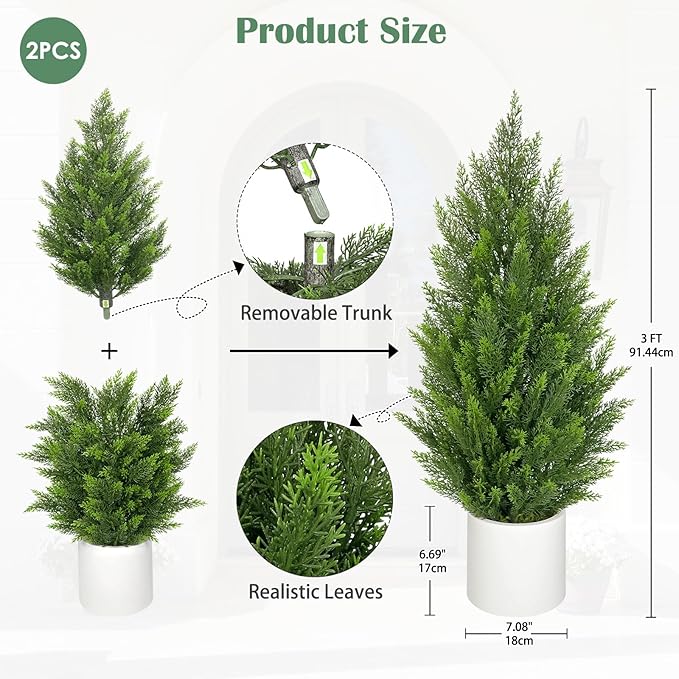 Briful 2PCS 3ft Artificial Cedar Topiary Trees in White Planter – Compact Faux Evergreen Potted Plants with Dense Realistic Layered Leaves, Lifelike Fake Trees for Home, Office, Patio, Porch