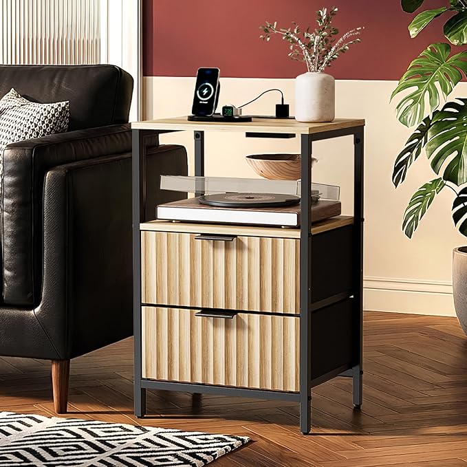 VINGLI Nightstands Set of 2 Fluted Nightstand with Charging Station, Oak Night Stand Set 2, Bed Side Tables with Drawers Fabric, End Tales Bedroom with Charger Station, 14.96" W*11.81" D*23.78" H