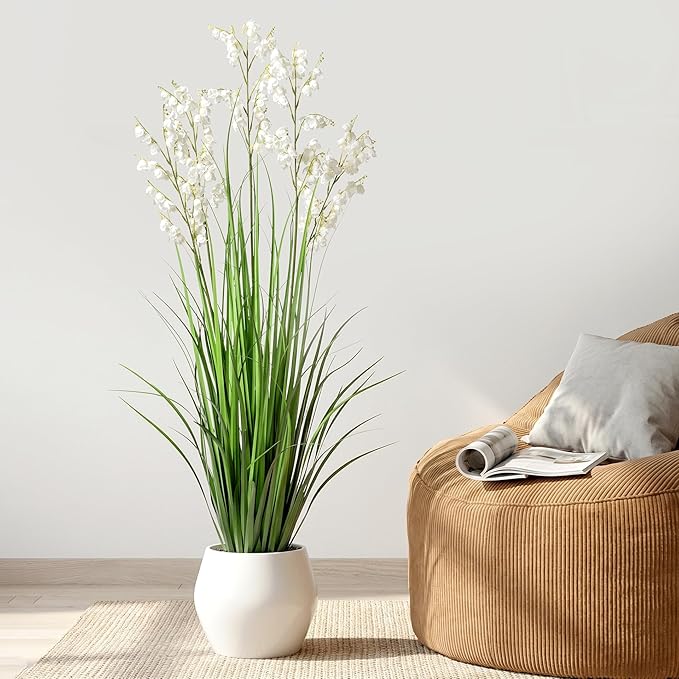Artificial Tall Grass Plants with Pots 47“ 1 Pack Lily of The Valley Artificial Grass Home Interior Decorating and Outdoor Garden Decorations（White）