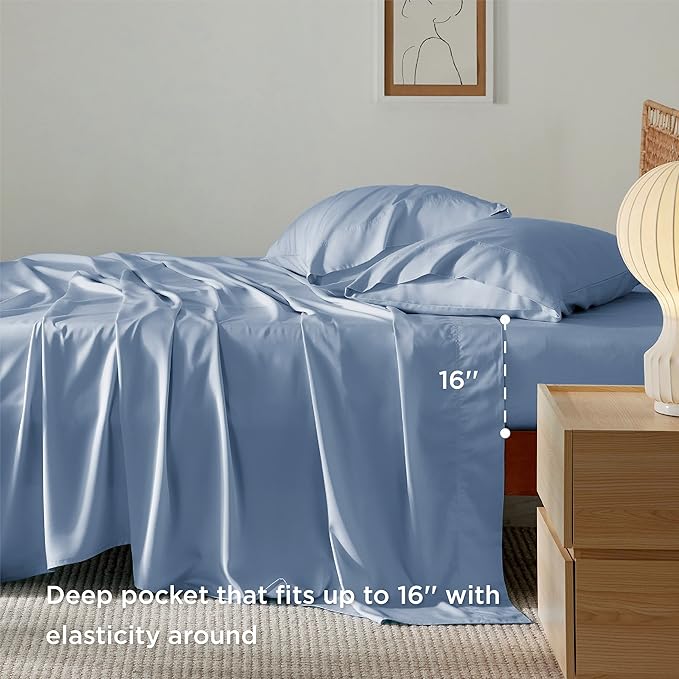 Bedsure Cooling Sheets Twin XL, Rayon Derived from Bamboo, Breathable & Soft Twin XL Sheet Sets, Deep Pocket Up to 16 Inches, Hotel Luxury Silky Dorm Bedding for Hot Sleepers, Dusty Blue