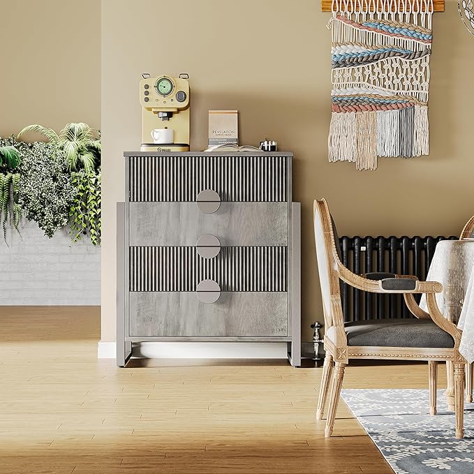 LGHM Fluted Dresser for Bedroom with 4 Drawers, Modern 4 Drawers Dressers with Semicylinder Fluted, Solid Chest of Drawers, 36" Tall Dresser with Bold Steel Frame, Metal Handles, Gray