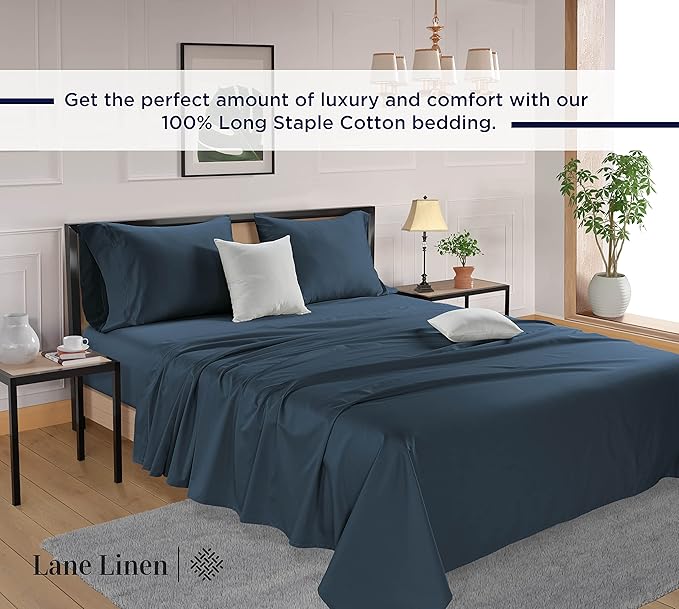 LANE LINEN 600 Thread Count 100% Mercerized Cotton Twin Sheets Set, Machine Wash, Mercerized Cotton for Sily Finish, Soft & Comfy Fully Elasticized Sheets Twin Size Bed Set, Sateen Weave - Dark Denim