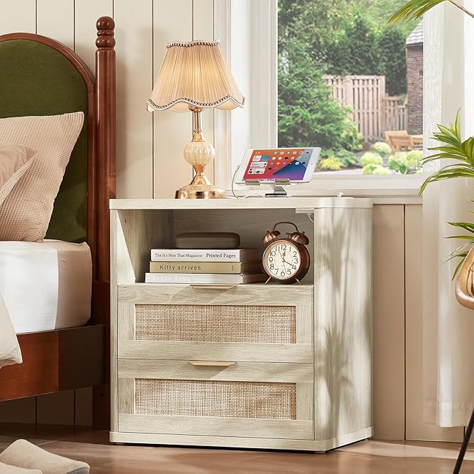 LEYAOYAO Rattan Dresser and Nightstand Set of 3, Boho Wood Dresser for Bedroom with 6 Drawers and Night Stand with Charging Station, Bedroom Furniture, Dressers & Chests of Drawers,Hallway,Living Room