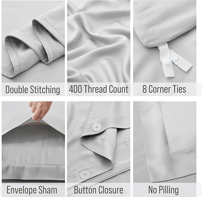 Bella Coterie Luxury Bamboo Viscose Queen Size Duvet Cover Set | 100% Organically Grown | Corner Ties | Ultra Soft | Cooling | Two Pillow Shams | 90 x 94 | No Insert [Grey Mist]