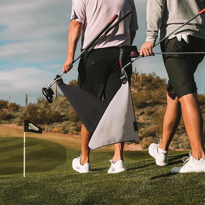 STICKIT Magnetic Golf Towel Gray and Black 2-Pack | Top-Tier Microfiber Golf Towel with Deep Waffle Pockets | Industrial Strength Magnet for Strong Hold to Golf Carts or Clubs