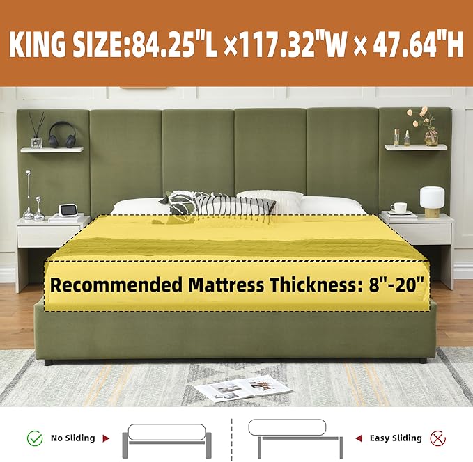 King Bed Frame with Storage & Built-in Nightstands, Velvet Upholstered Platform Bed Frame with Drawers & 2 Floating Storage Shelves, Noise-Free, No Box Spring Needed, Easy Assembly, Green