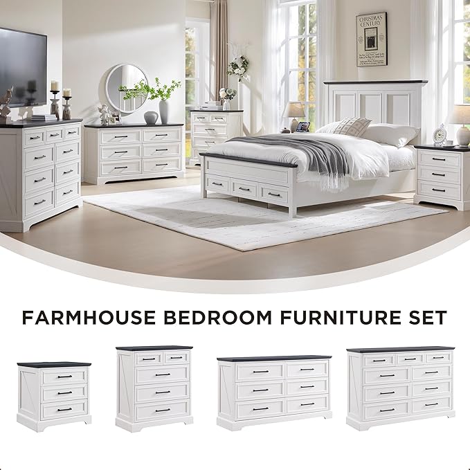 ACCOHOHO Farmhouse Nightstands Set of 2, 22 Inch Wide End Table with Charging Station & 3 Large Drawers, Rustic Wood Small Dresser Chest of Drawers for Bedroom, Living Room, Off White