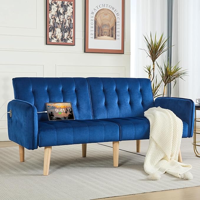 TYBOATLE 65" W Velvet Modern Convertible Folding Futon Couch Sofa Bed w/ 2 USB Charging Ports for Compact Living Space, Small Couches for Office, Dorm, RV Room, Apartment, Bedroom (Navy Blue)