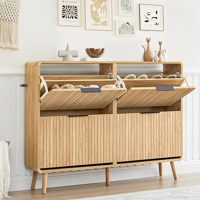 47" Fluted Large Shoe Cabinet with 4 Flip Drawers, Slim Freestanding Shoe Cabinet Organizer, Narrow Shoes Storage Rack for Entryway, 5 Sturdy Legs (All Natural, 9.45" D x 47.24" W x 35.83" H)