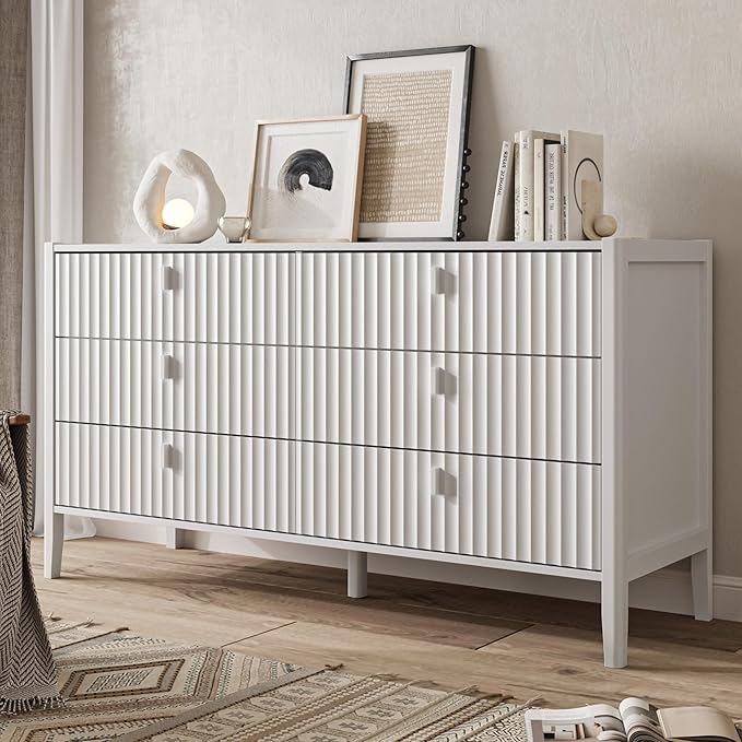6 Drawer Dresser, Modern Chest of Drawers for Bedroom, Wood Fluted Dresser Organizer with Deep Drawers for Clothes, Nightstand for Bedroom, Hallway, Living Room, Entryway, White