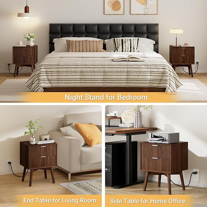 Fluted Nightstand, Beveled Edges Night Stand, 2 Drawer Nightstand with Charging Station, Wooden End Table with Solid Wood Legs, Modern Bedside Table for Bedroom Sofa Home Office, Walnut