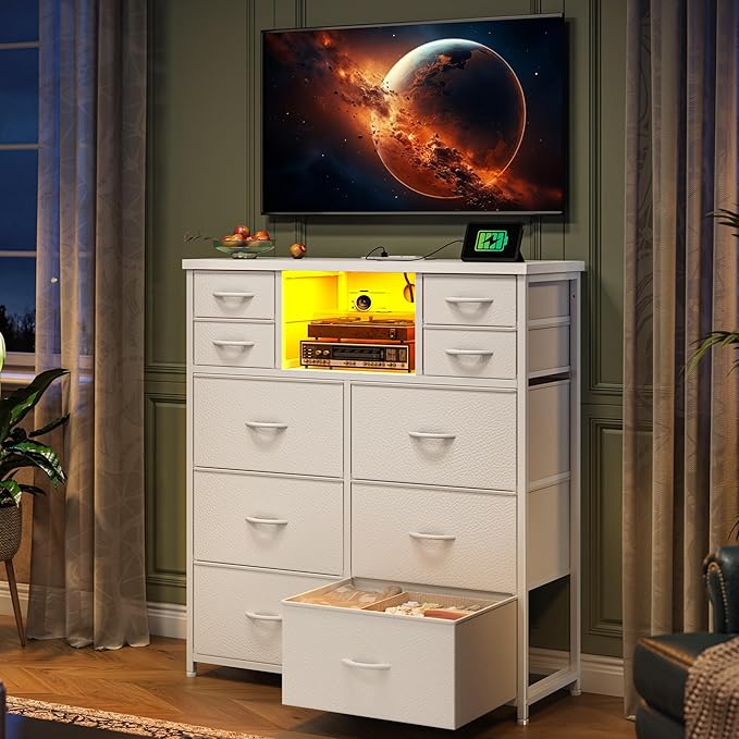 White Dresser for Bedroom with 10 Drawers Featuring LED Light and Power Outlet, Fabric Dressers & Chest of Drawers with Open Shelves for Hallway, Living Room, Steel Frame,Wood Top