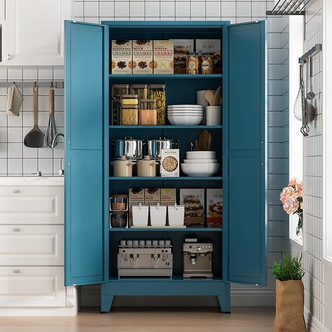 COFaR Home Farmhouse Storage Cabinet with Barn Door, Tall Kitchen Pantry Cupboard with Adjustable Shelves, for Dining Room, Bathroom, Living Room Blue.