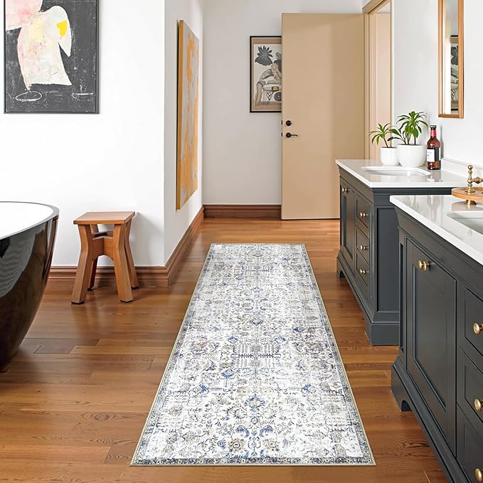 jinchan Runner Rug 2x8 Washable Hallway Rug Vintage Indoor Thin Retro Floor Cover Distressed Floral Country Lightweight Non Slip Carpet for Entryway Bathroom Kitchen Bedroom Living Room Stairway Blue