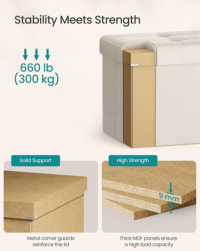 SONGMICS Mazie Collection - 30 Inches Storage Ottoman, Foldable Storage Bench with Flipping Lid, 660 lb Load Capacity, for Entryway, Living Room, Bedroom, Velvet Fabric, Cream White ULSF048LH01