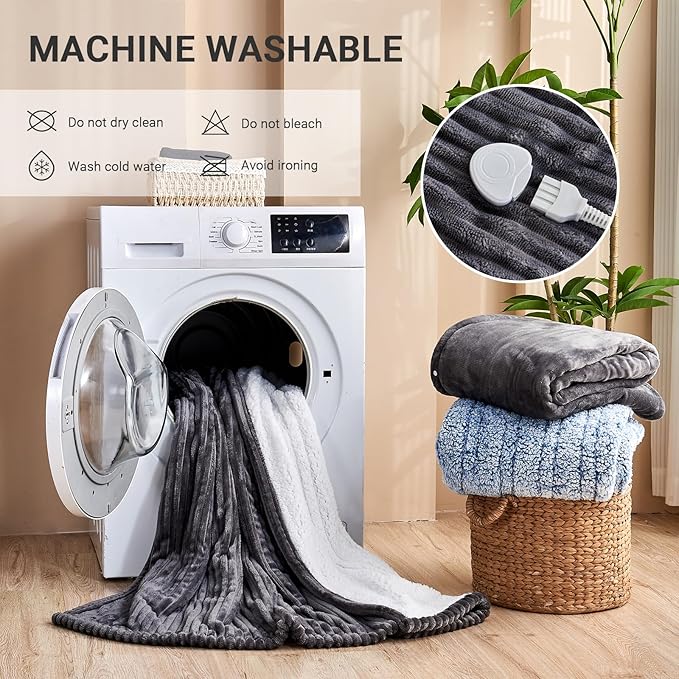 Heated Blanket Electric Full, Soft Flannel Heating Blanket with 8 Hours Auto Off 10 Fast Heating Levels Machine Washable Sherpa Heated Blanket with Overheating Protection