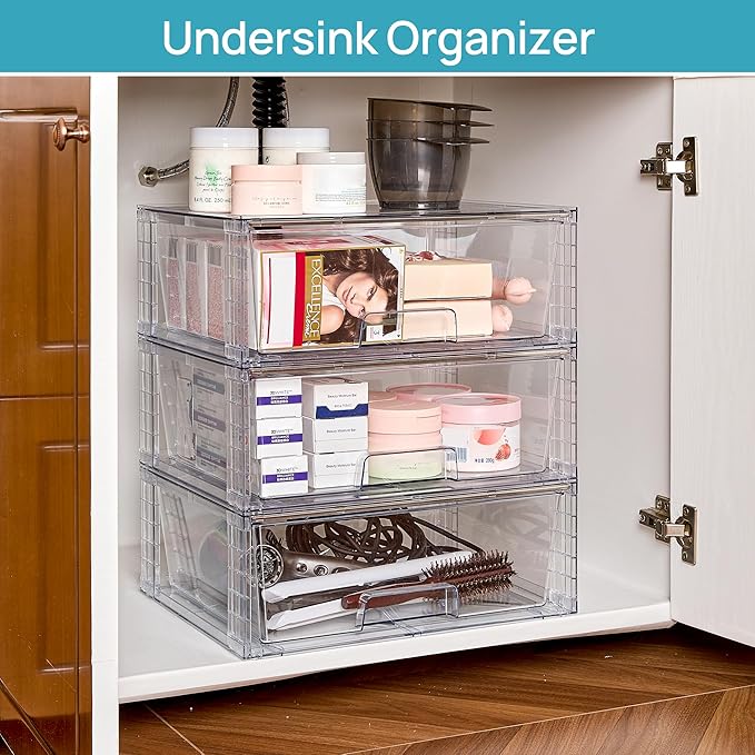 Vtopmart 6 Pack Large Stackable Storage Drawers,Easily Assemble Acrylic Bathroom Closet Undersink Organizers and Storage,Plastic Storage Bins for Kitchen Cabinets,Pantry,Makeup,Medicine Organization