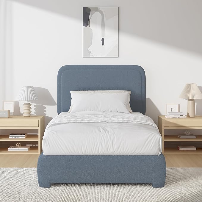 BarnFurin Twin Bed Frames with Headboard,Cloud Boucle Upholstered Platform Bed, Modern Style, Soft Rounded Corners, No Box Spring Needed, Easy Assembly, Blue