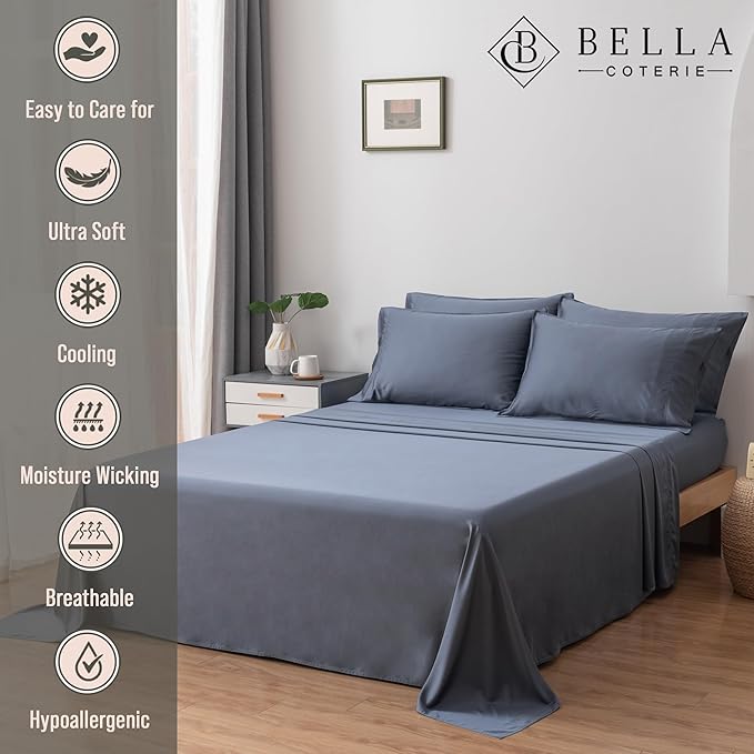 Bella Coterie 6 Piece Luxury Bamboo Viscose King Size Sheet Set | 100% Organically Grown | Cooling for Hot Sleepers | 18" Deep Pocket | Soft & Hypoallergenic | 4 Pillowcases [Slate Blue]