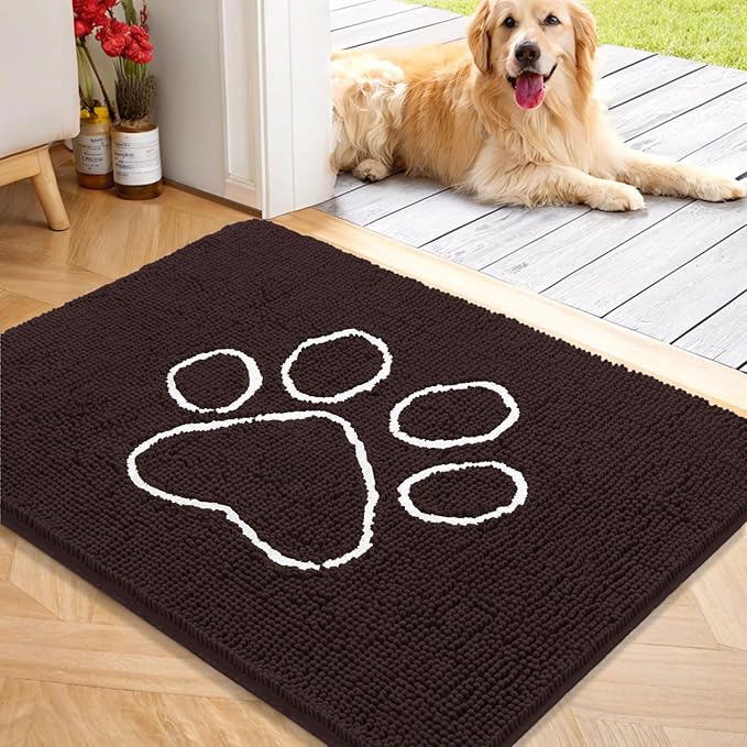 OLANLY Dog Door Mat for Muddy Paws 40x32, Paw Print Design, Absorbs Moisture and Dirt, Absorbent Non-Slip Washable Doormat, Quick Dry Chenille Mud Mat for Dogs, Entry Indoor Entryway Carpet, Brown