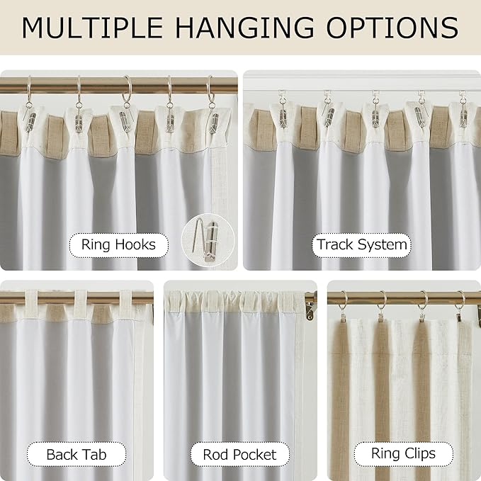 Vision Home Natural Linen Full Blackout Curtains 95 inch Long for Bedroom Living Room Darkening Light Blocking Window Panels Thermal Insulated Rod Pocket Back Tab Neutral Drapes 56" Wx95 Lx2